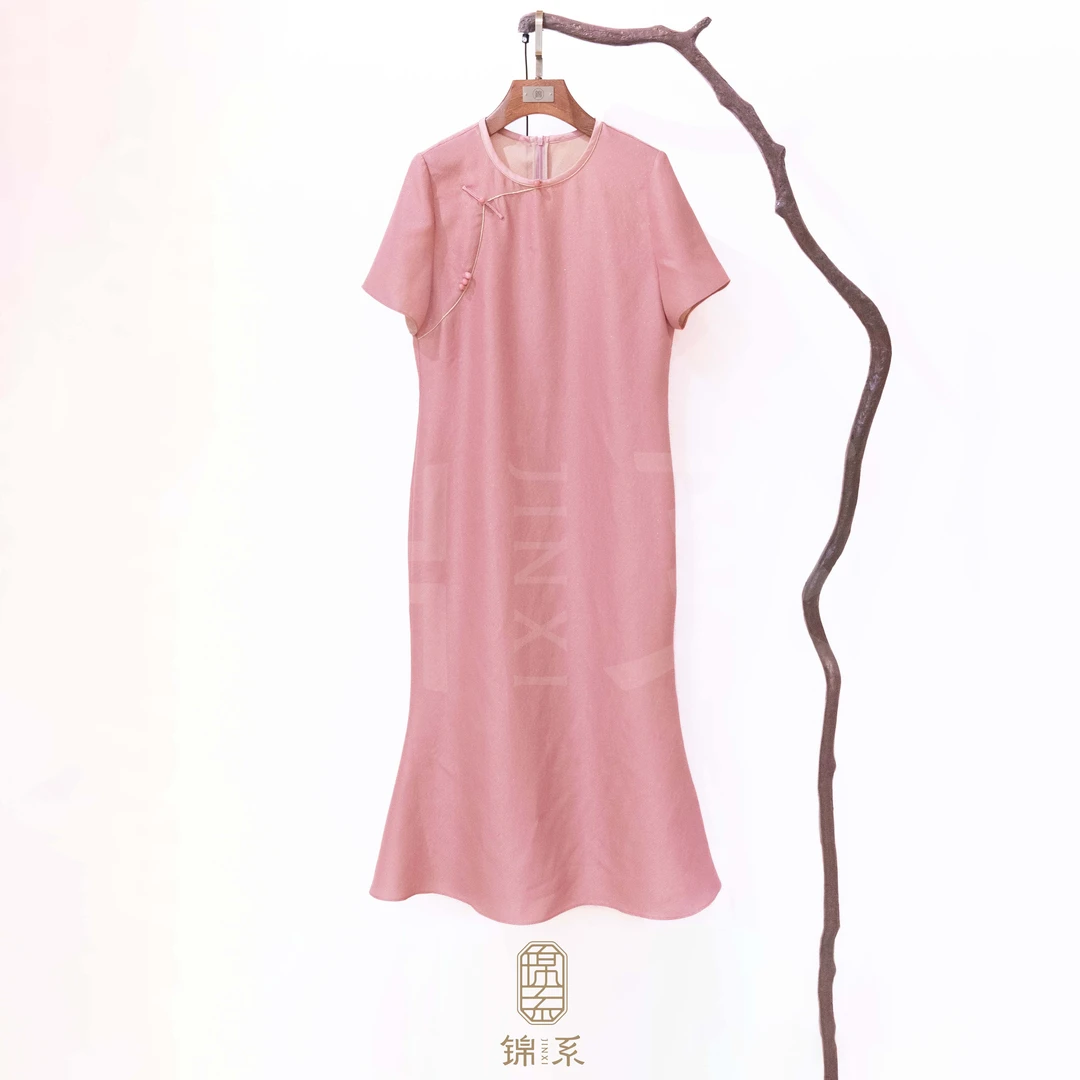 【锦系】真丝新中式国风桑蚕丝圆领斜襟短袖连衣裙L-383036