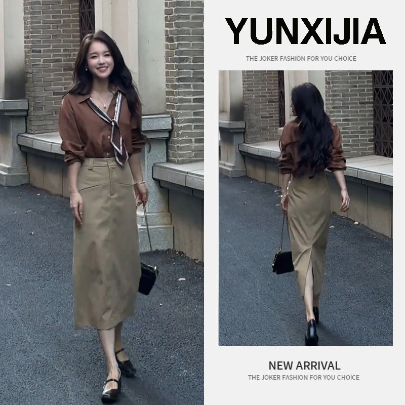 2025早秋时尚新款洋气小香风简约通勤修身长袖衬衫半身裙两件套