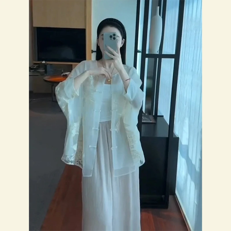 高级感气质新中式国风白色防晒开衫衬衫休闲裤套装女2025夏季新款
