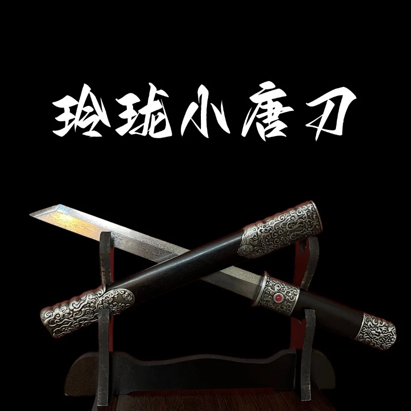 FF【玲珑短刀·花纹钢】手工收藏正品上等乌木花纹钢刀剑未开刃摆件