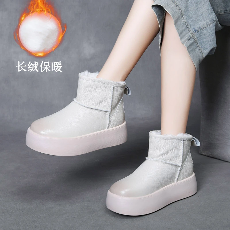 【保暖加厚-头层牛皮-（跟高5cm）厚底保暖雪地靴真皮增高小个子皮靴