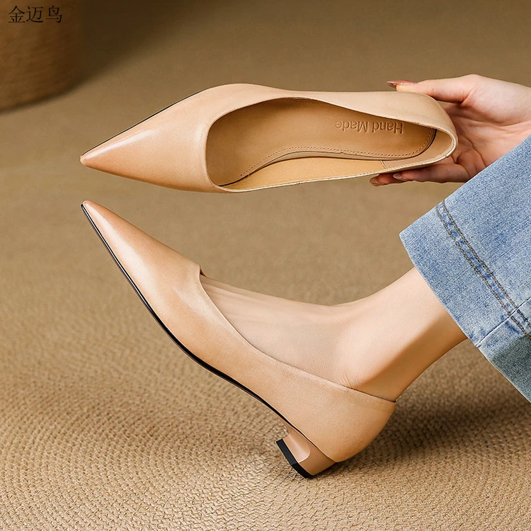 擦色浅口单鞋女真皮粗跟鞋新款头层牛皮尖头低跟通勤职业工作鞋女