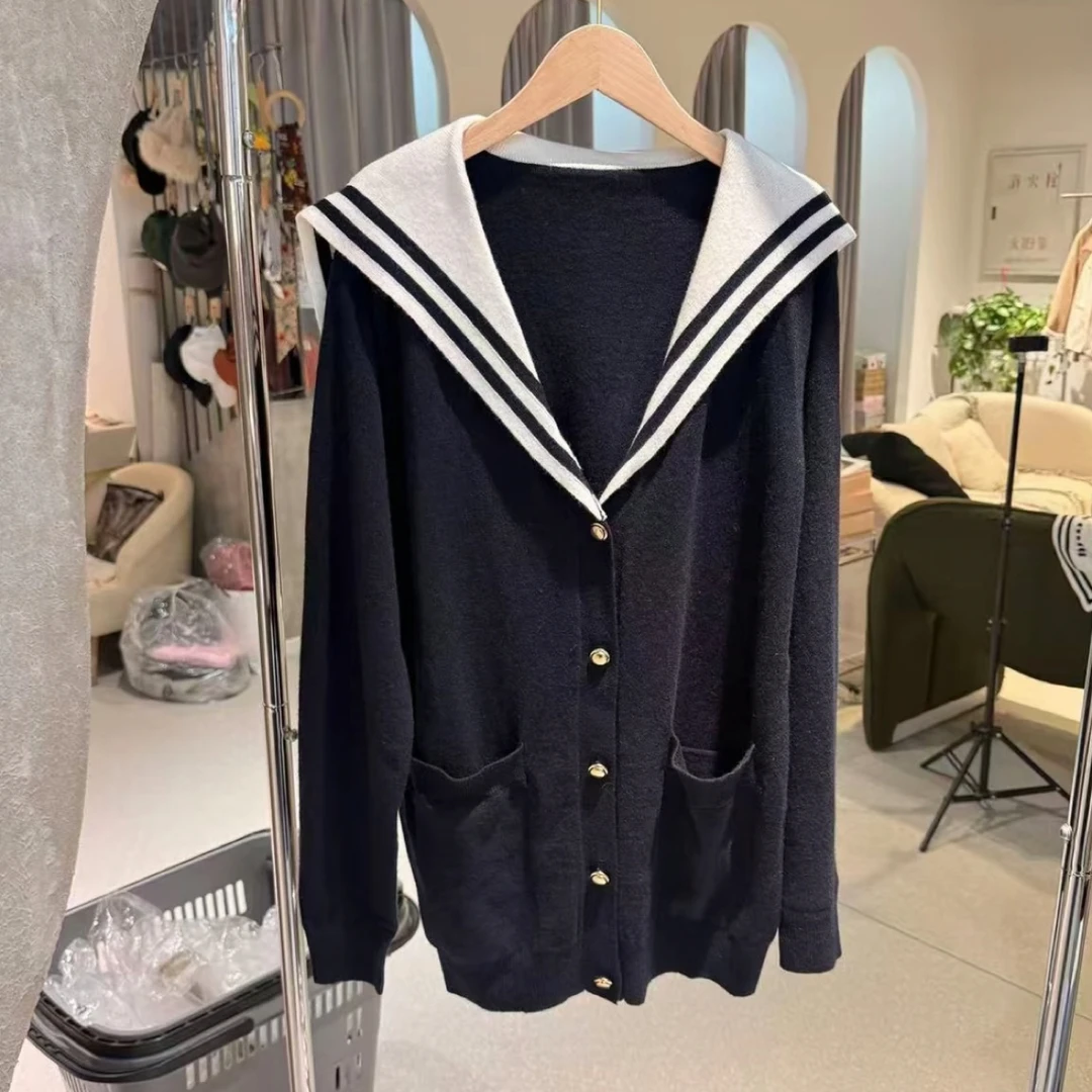 明星同款   2025秋冬新款海军领羊毛混纺毛衣针织开衫女款
