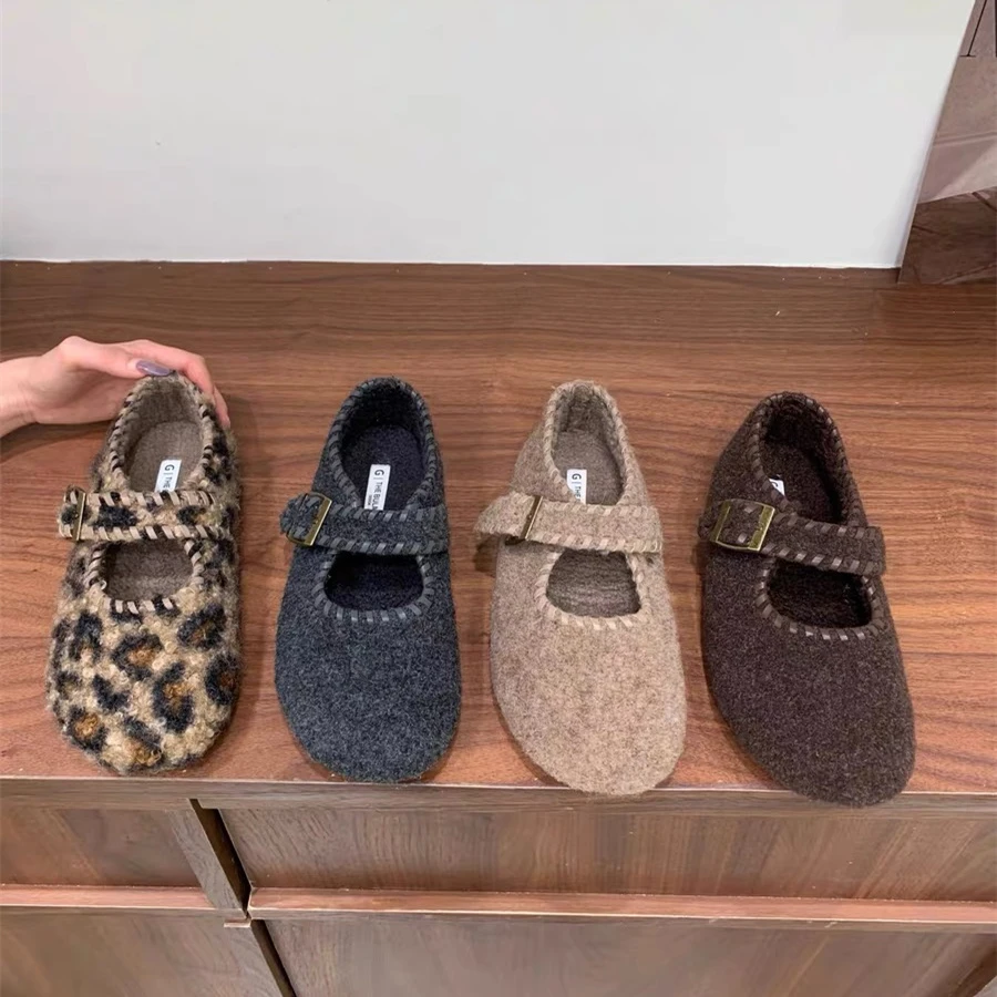 复古搭扣棉鞋毛呢玛丽珍鞋女2025秋冬新款复古加绒厚底平底豆豆鞋