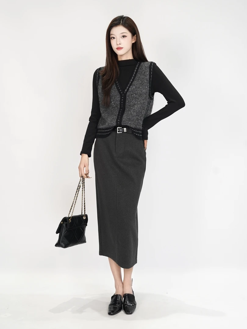 [街调]秋冬季上搭套装黑色小香风简约显气质通勤休闲百搭裙子显瘦
