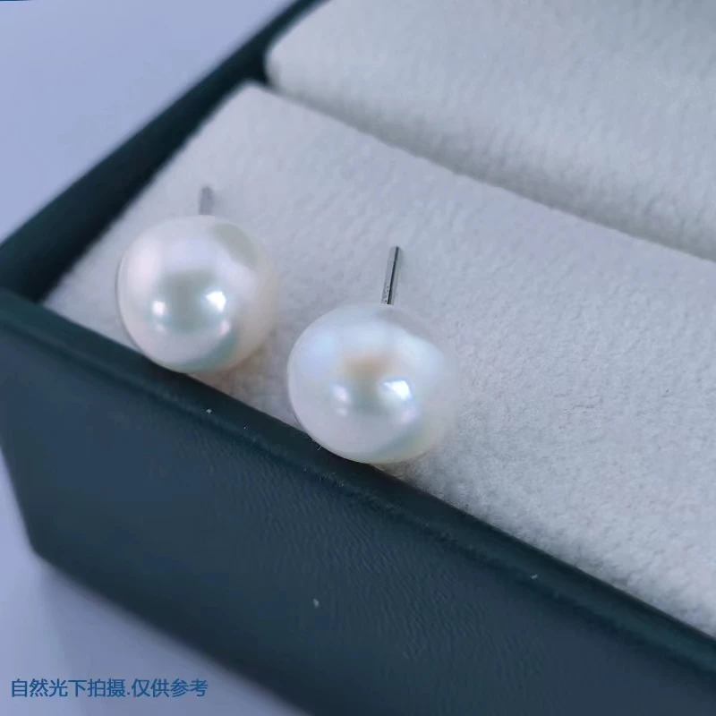 【25高定专柜款】淡水优选无核 珍珠耳钉9-10mm 时尚设计 白色轻奢