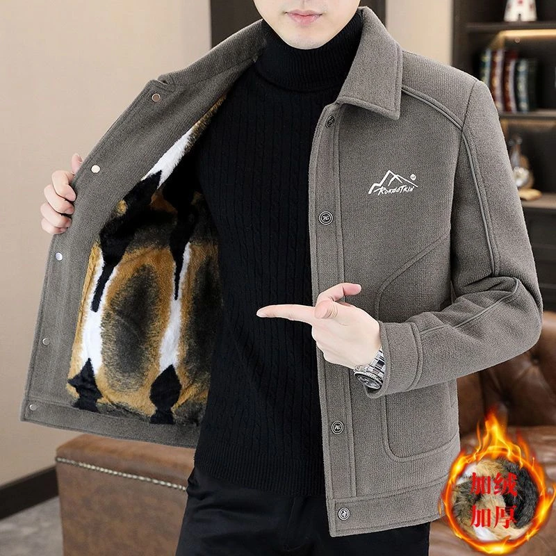 冬季加绒加厚中国风夹克男修身翻领毛呢大衣男装高端潮流休闲外套