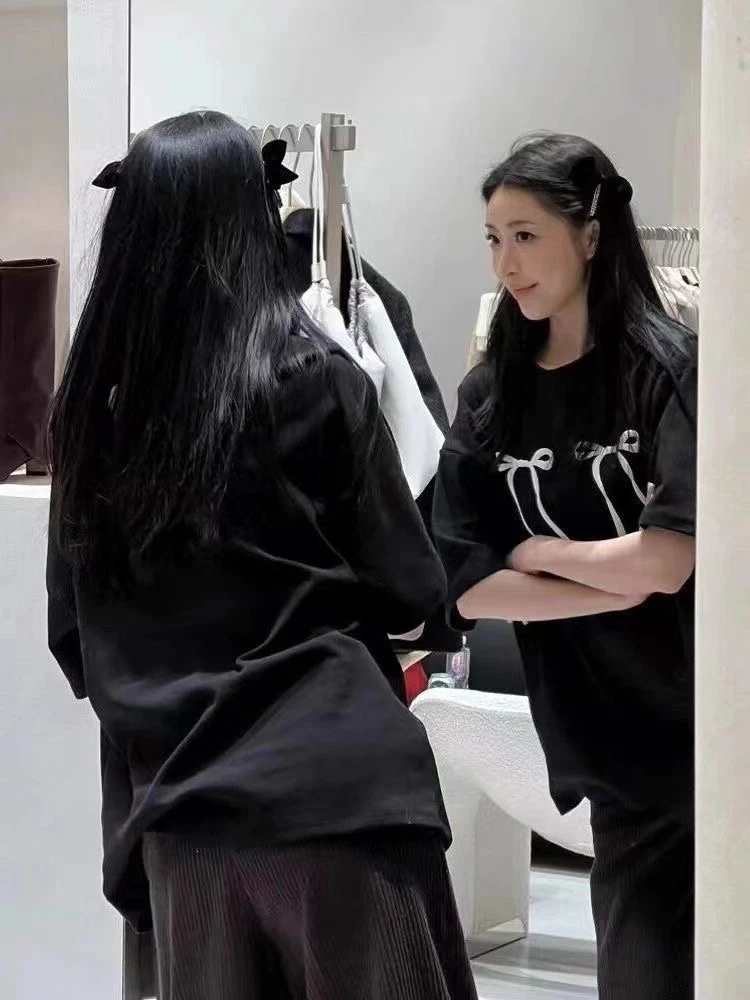 纯棉夏季短袖美式复古蝴蝶结印花宽松显瘦学生百搭圆领T恤上衣女