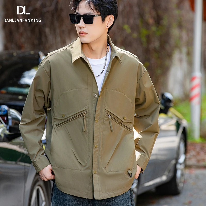 【DL】秋季新款休闲翻领纯色外套时尚简约户外男装夹克上衣 2516