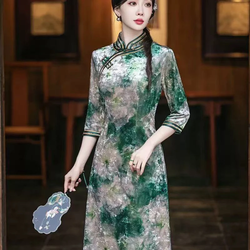 8508-新中式国风丝绒旗袍新款日常复古气质连衣裙