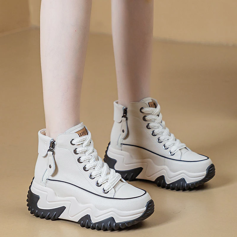 增高7公分真牛皮女鞋秋冬季高帮运动休闲鞋小个子显高厚底老爹鞋
