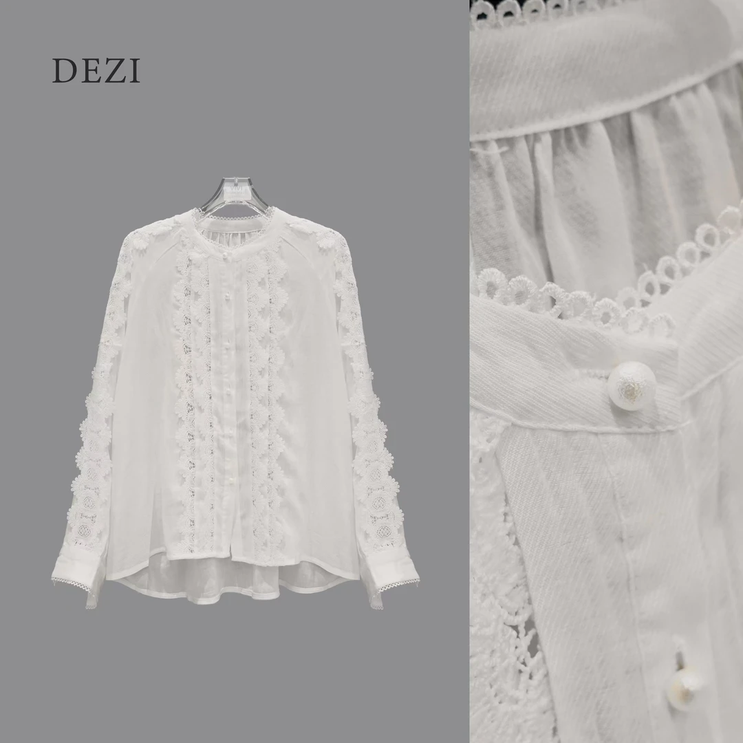 DEZI宝藏衣橱舒适珍珠扣拼接蕾丝雪纺衫衬衣LS9139066