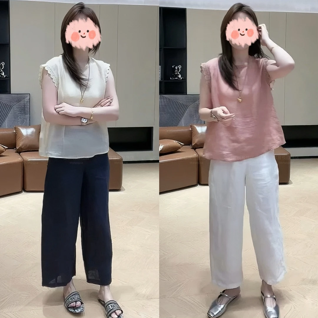 夏季新款老钱风松弛感蕾丝宽松薄款上衣百搭设计感阔腿裤时尚套装