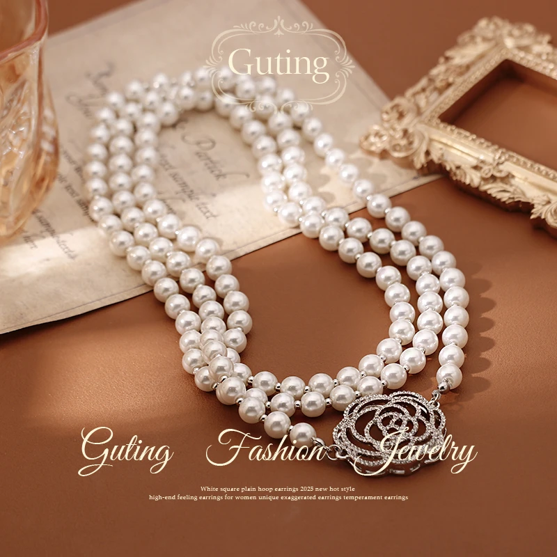 铜合金项链 6895双层黑色山茶花朵长款项链女叠戴毛衣链秋冬配饰