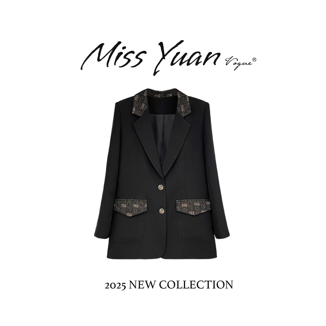 M.Y媛总 时尚撞色拼接亮丝字母印花西装外套800421  黑色