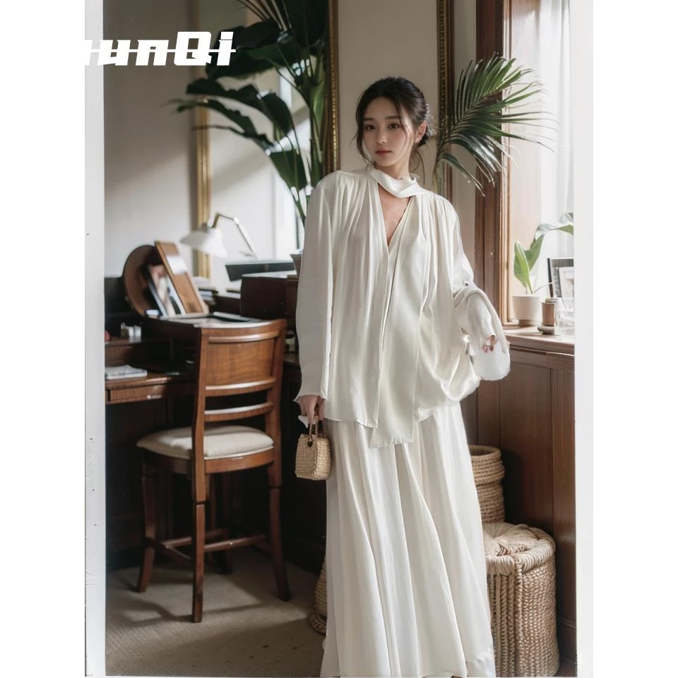 淳启御姐时尚别致独特上衣慵懒小香风白色衬衫半身裙两件套装春季