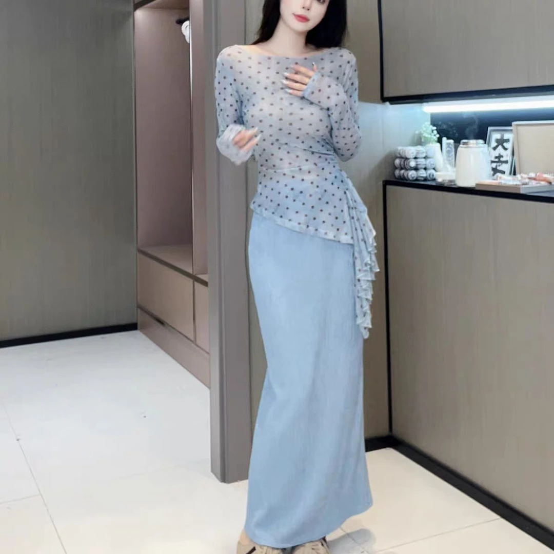 时尚套装夏季长袖百搭透气女士气质修身印花复古风