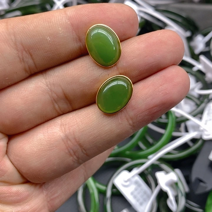 和田玉（碧玉）耳饰银S925镀金镶嵌