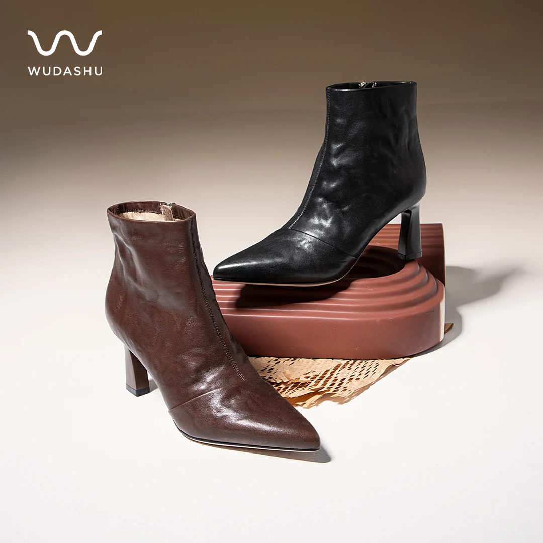 吴大叔【新国标95白鹅绒】真皮气质尖头高跟短靴保暖鹅绒靴Z292E