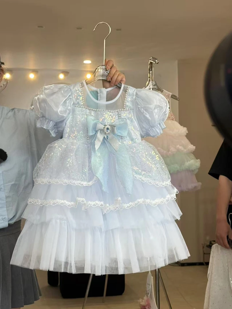 K105 夏季新款女童爱莎公主泡泡袖蝴蝶结洛丽塔连衣裙