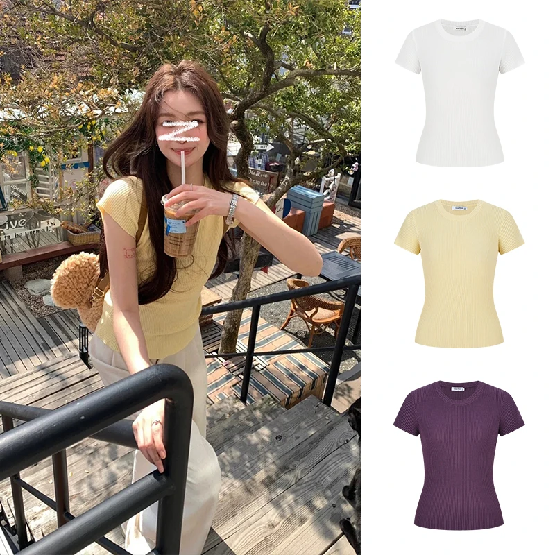 MosesQueen/魔西女王显身材掐腰正肩T恤修身显瘦圆领针织上衣