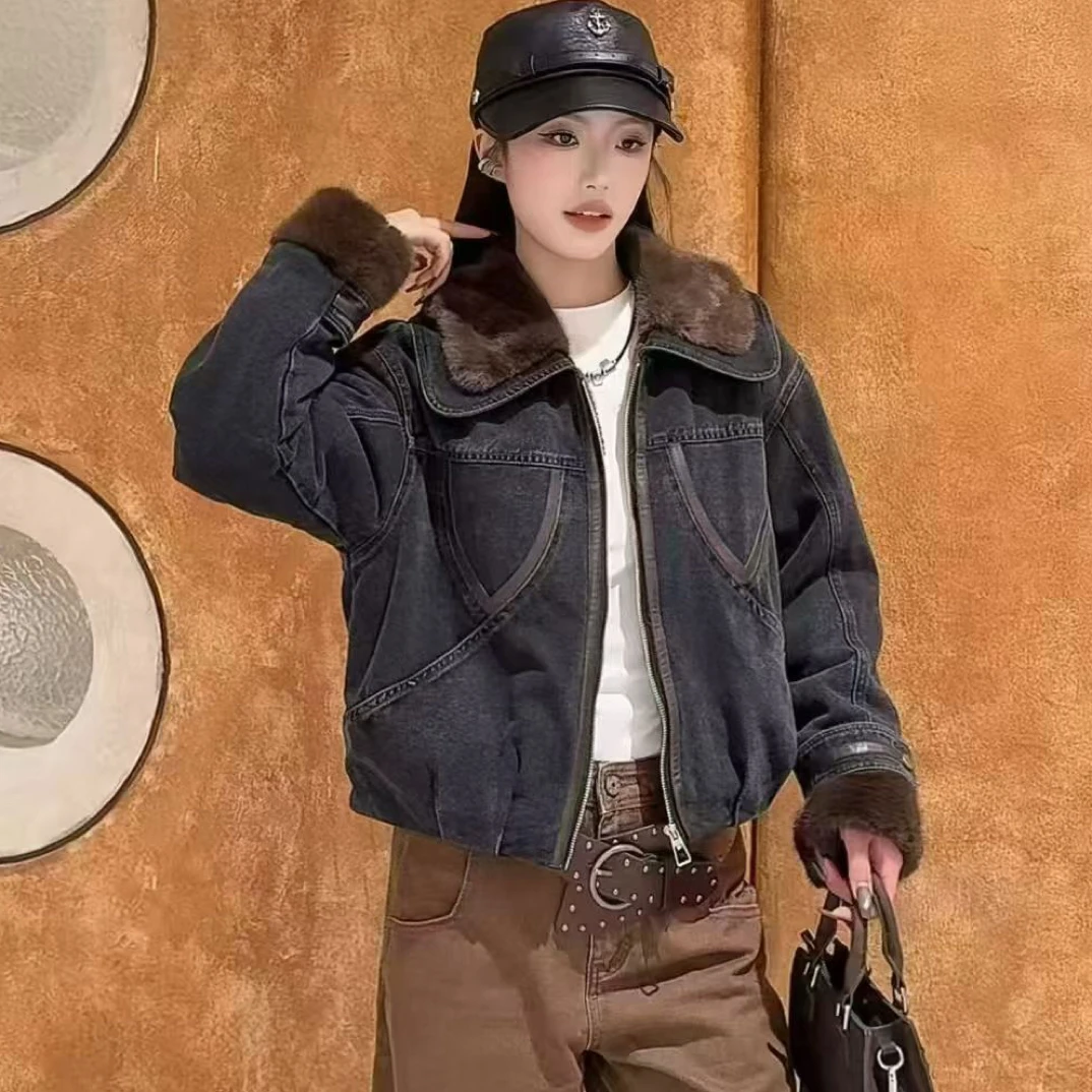 大爆款拼接牛仔加绒外套