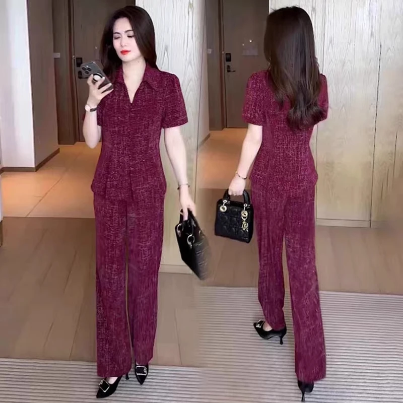 时尚套装女2025夏季新款洋气减龄显瘦收腰短袖上衣阔腿裤两件套潮