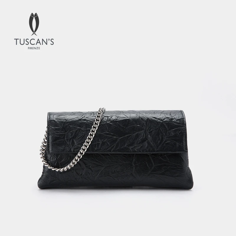 TUSCAN'S经典百搭黑色褶皱真皮女士链条包腋下包斜挎包
