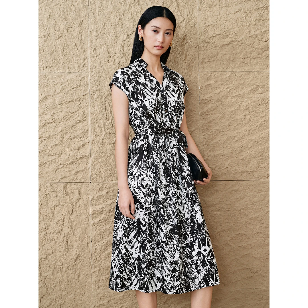 「艺术假日」INSUN恩裳夏季气质印花桑蚕丝棉衬衫连衣裙9C65205880