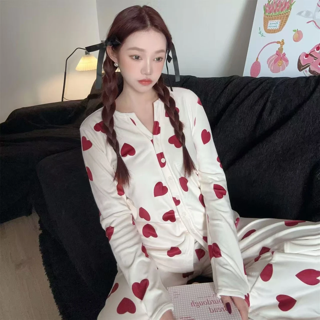韩系少女爱心海岛绒睡衣女款冬季2025加绒加厚开衫长裤家居服套装
