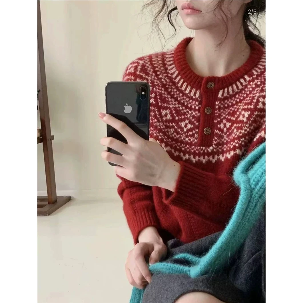 毛针织衫套头长袖圆领女装开衫打底韩版复古网红时尚红色加厚