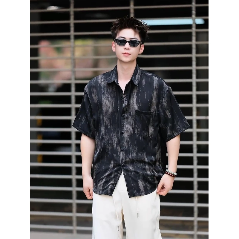 男士夏季丝滑鎏金印染免烫双缎面印染不规则剪裁翻领衬衫2520