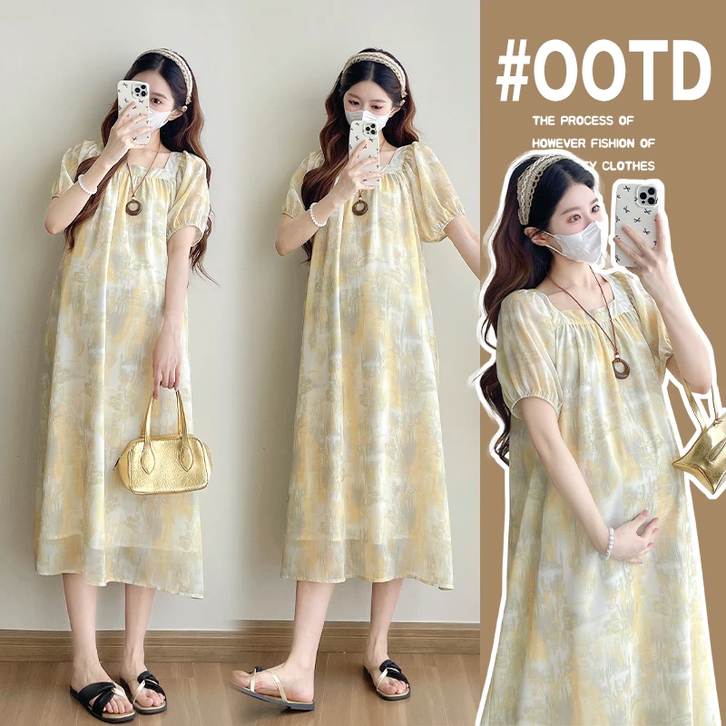 2025夏季新品孕妇装连衣裙显瘦气质时尚宽松中长款大码碎花洋气
