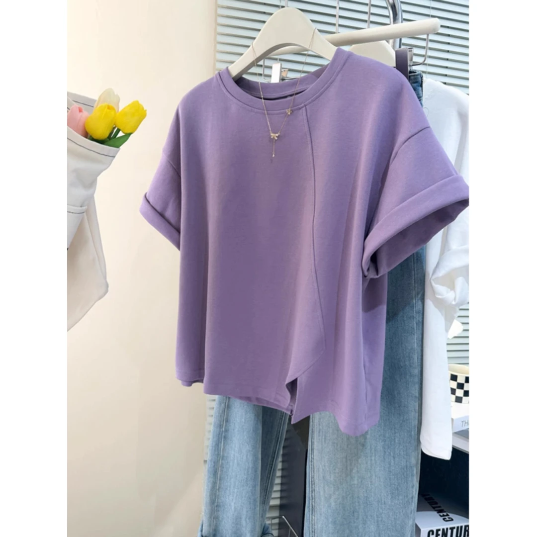 复古chic港味纯棉半袖T恤女夏季宽松韩版百搭开叉下摆短袖上衣潮