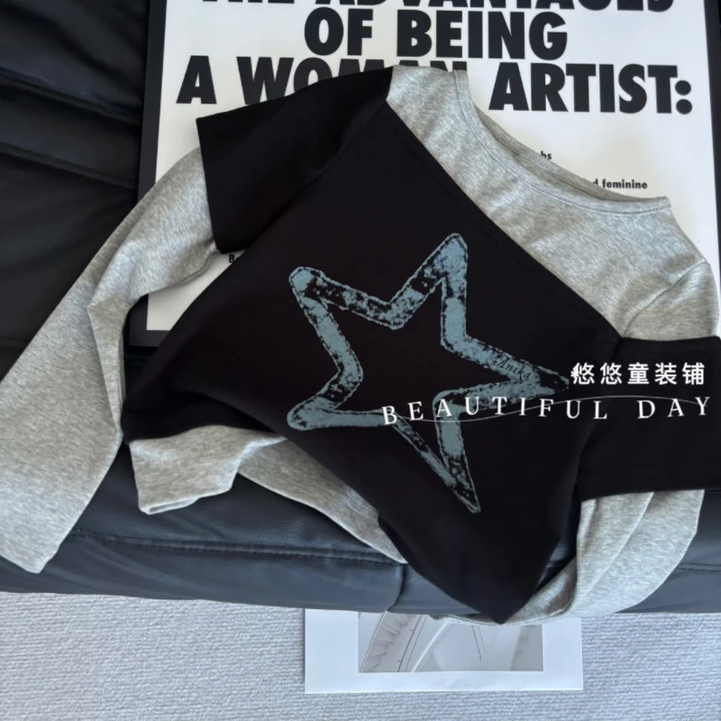 【2025秋季新款】秋季韩版圆领儿童长袖印花假两件T恤