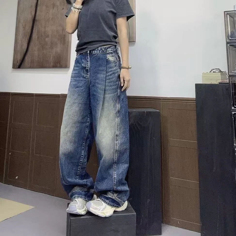 56170韩系经典时尚休闲百搭做旧宽松复古潮流水洗牛仔裤长裤