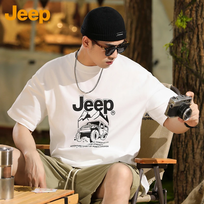 JEEP/吉普100%全棉短袖T恤男士高级感体恤夏季纯棉重磅半袖上衣服