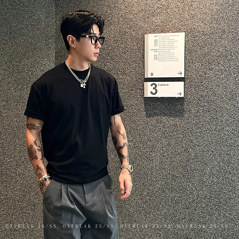 OXFREAK「云感凉感 基础通勤」黑色短袖t恤男正肩修身小领口半袖