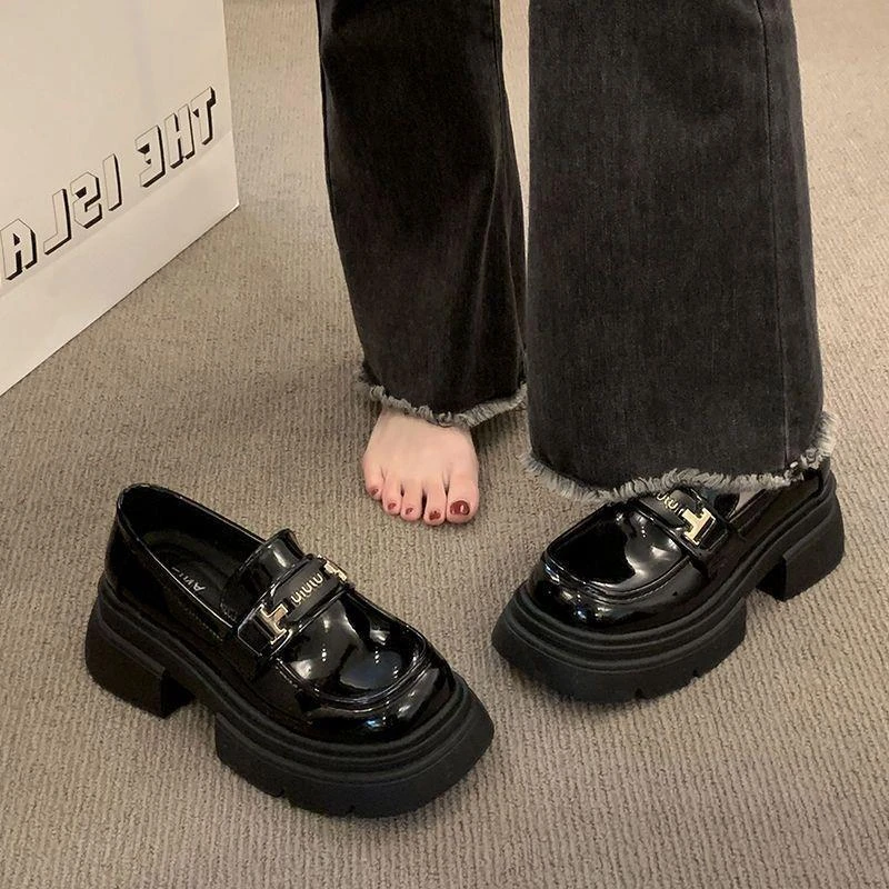 春秋季厚底粗跟学院风小皮鞋女鞋百搭法式乐福鞋一脚蹬ins英伦风