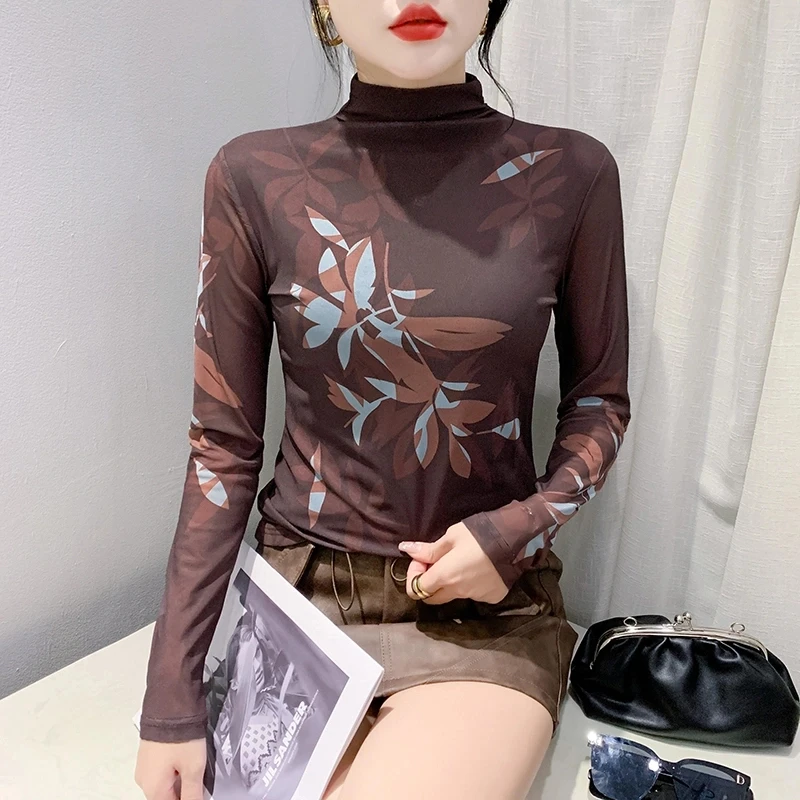 2024秋装新款高领长袖网纱定位印花t恤女时尚修身打底衫潮
