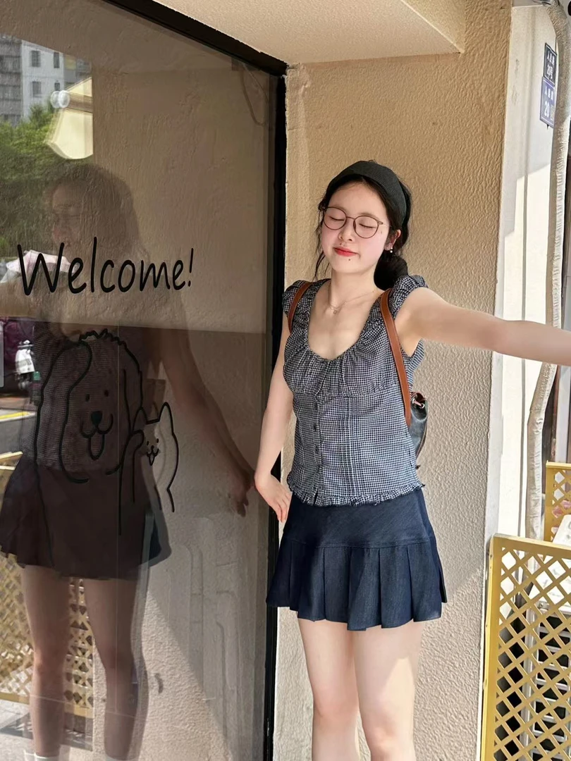 2025春季新款方领小衫女纽扣开衫设计感韩版收腰显瘦上衣百搭半裙