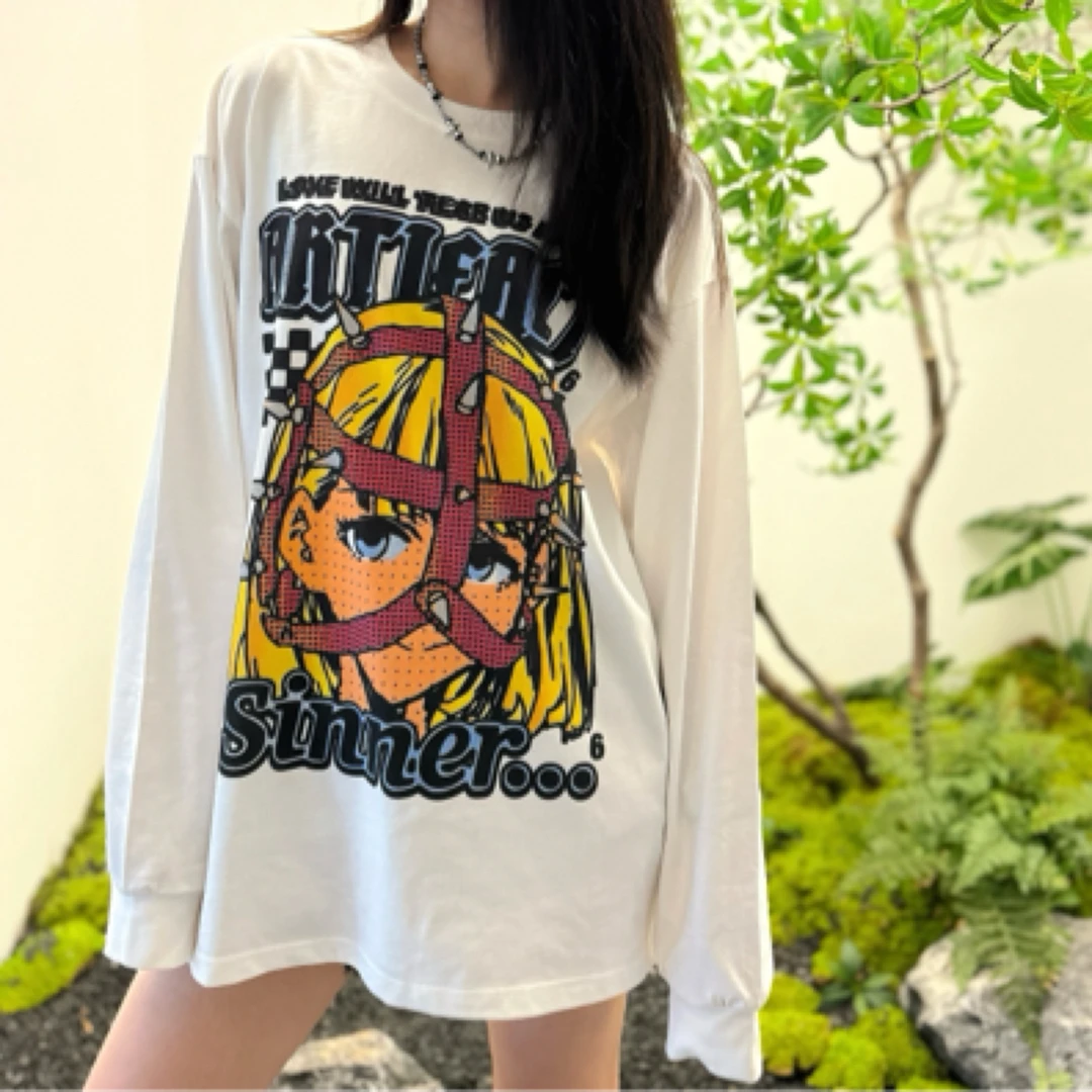 YXY【恶搞人像】动漫二次元重磅美式复古长袖休闲T恤情侣直喷印花潮