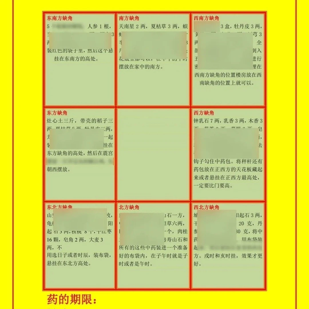 房屋八方缺角厕中药配方卡片A4一张