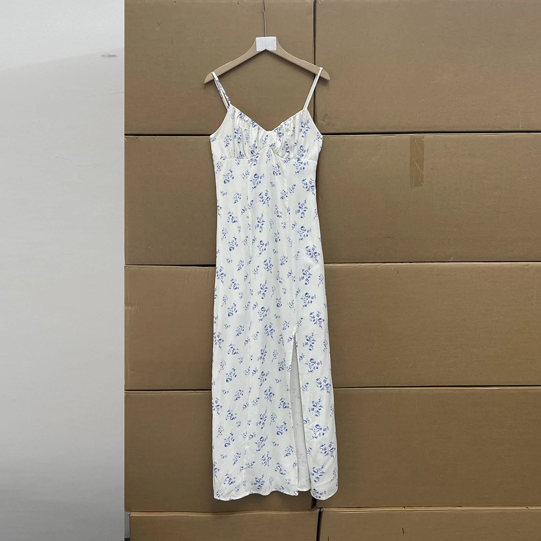 外贸沅货！碎花V领高腰显瘦亚麻混纺吊带裙侧开叉露背长款连衣裙夏