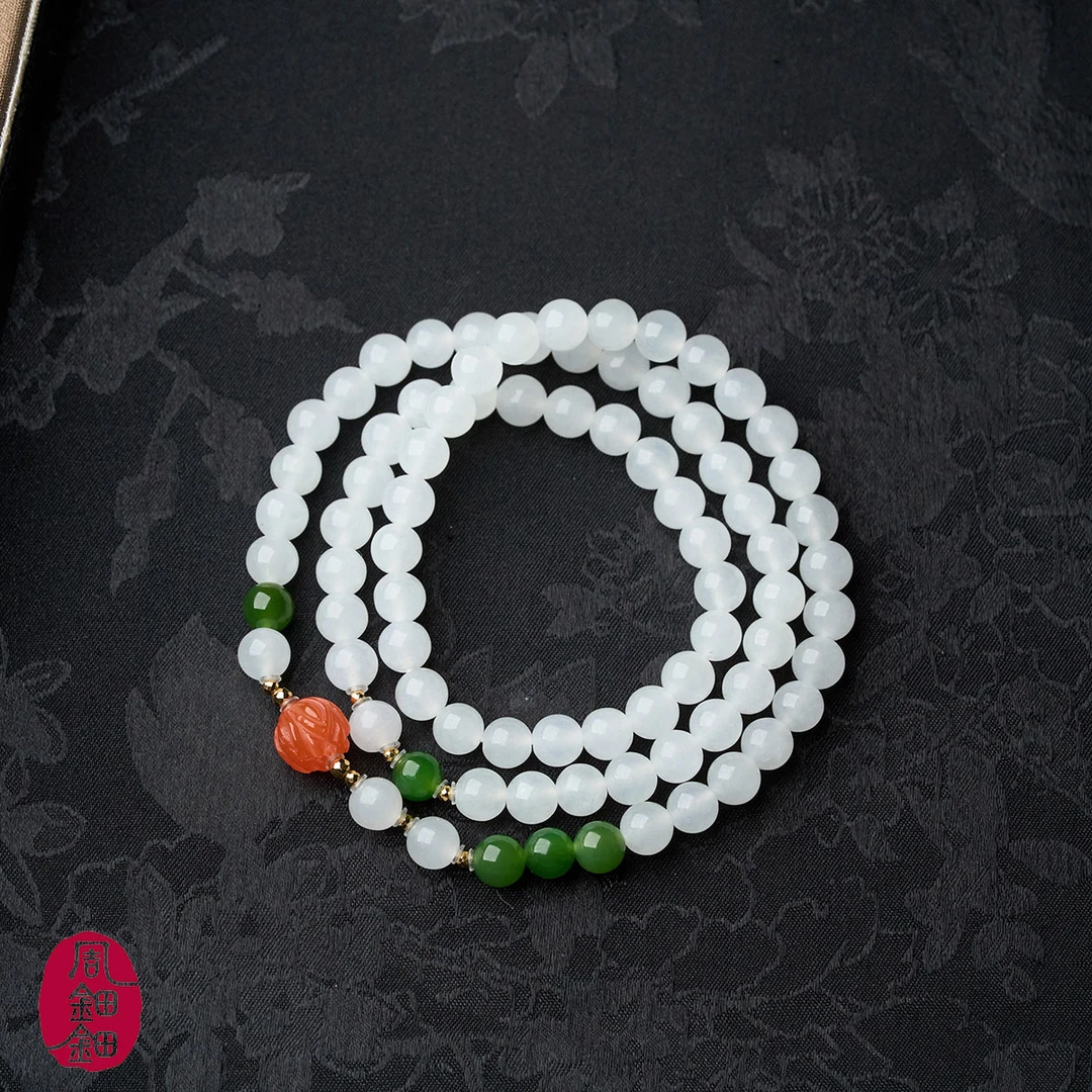 周钿钿®|清响|天然和田玉白玉无黑碧玉18K金设计款三圈手串