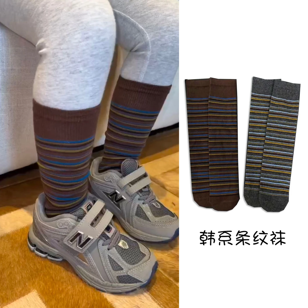 儿童长筒袜春秋季女童中大童小腿袜复古条纹韩版堆堆袜儿童棉袜