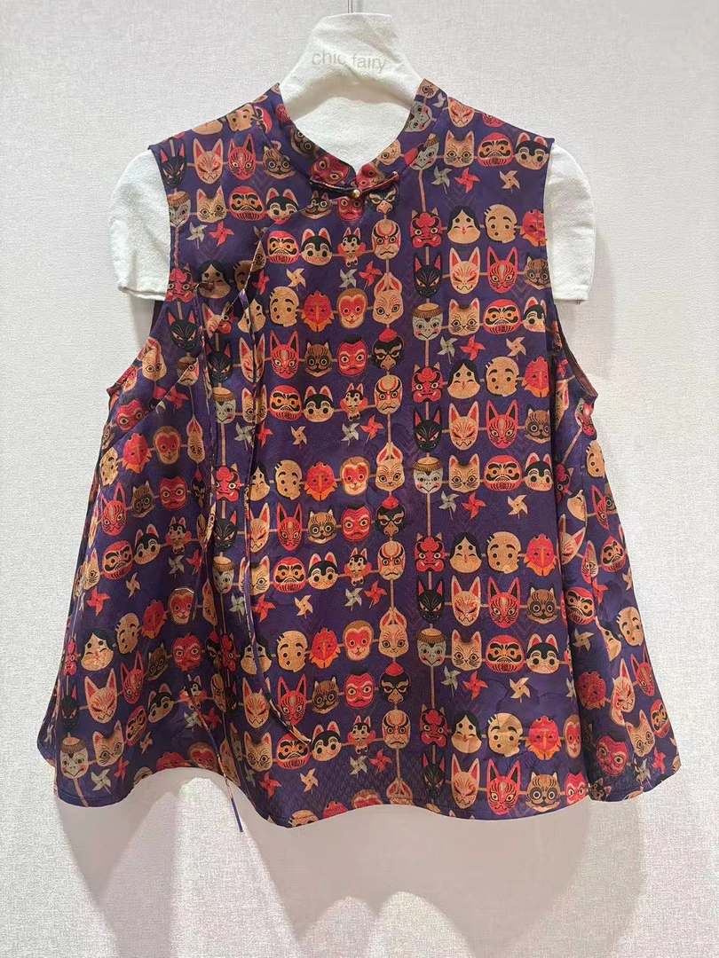 CHIC FAIRY【脸谱套装】夏季国风中式印花蚕丝香云纱短裤上衣套装