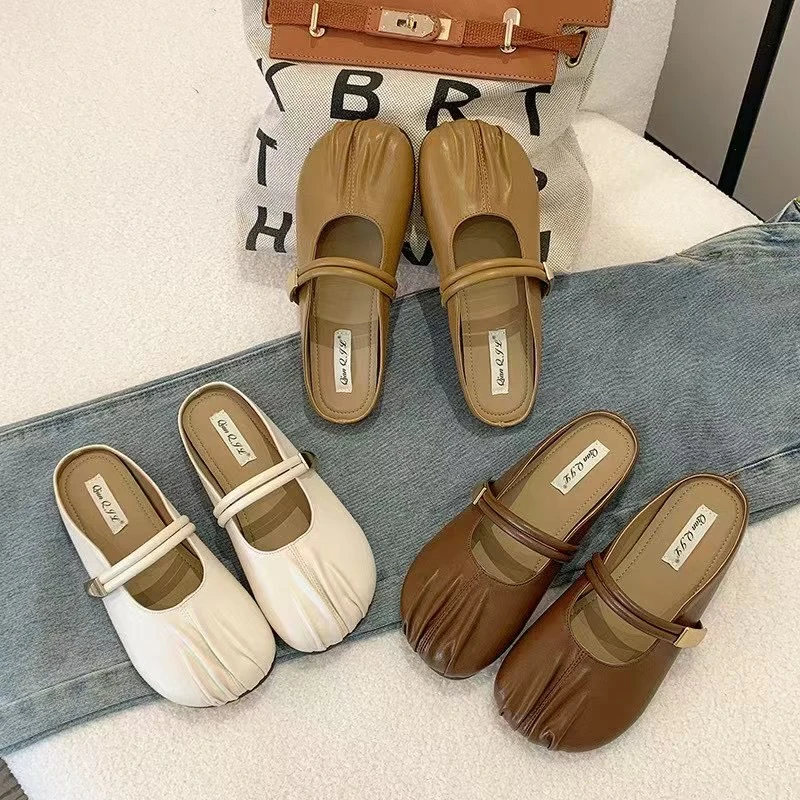 包头平跟极简风浅口平底包头拖复古百搭软底网红凉鞋方头小众