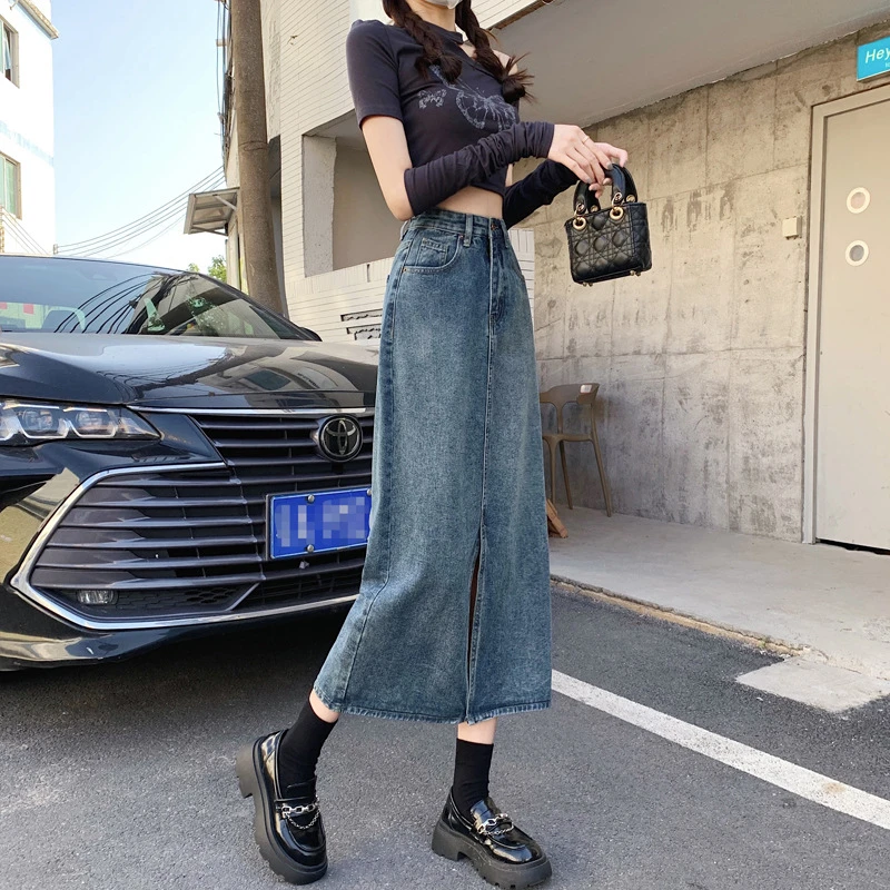 前开叉牛仔半身裙女夏新款ins风高腰小众直筒遮肉a字中长款包臀裙