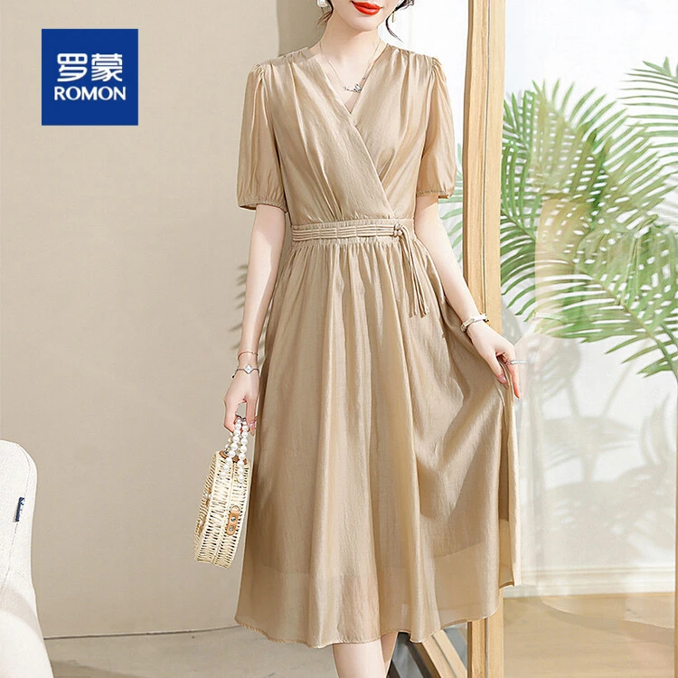罗蒙中年短袖妈妈装连衣裙女夏季2025新款洋气收腰中长款裙子女